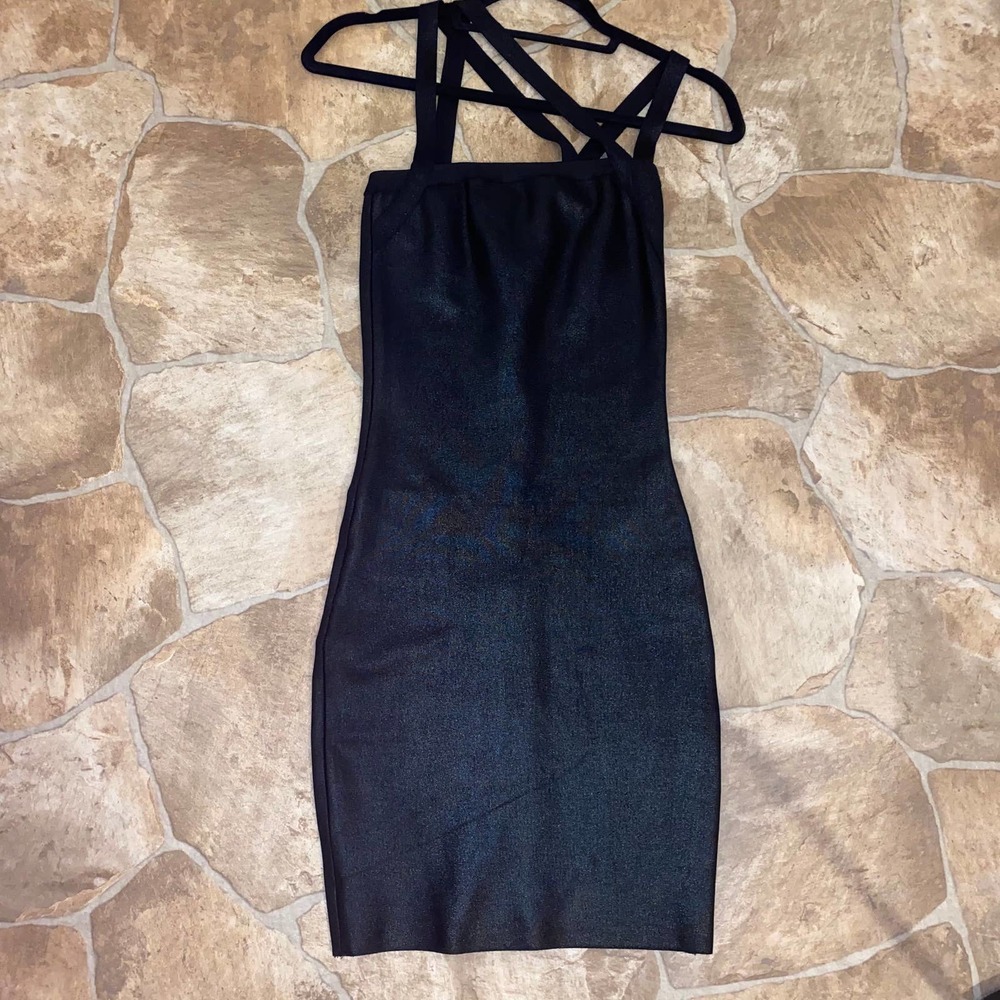 Herve Leger Black Metallic Shiny Bandage Strappy Bodycon Mini Dress, Size XS - Picture 5 of 8